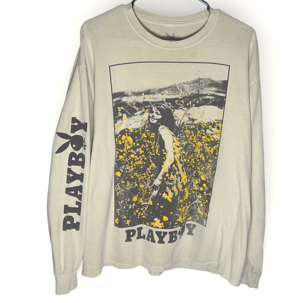Playboy Bunny Long Sleeve T Shirt Mens L Beige Graphic Logo Streetwear